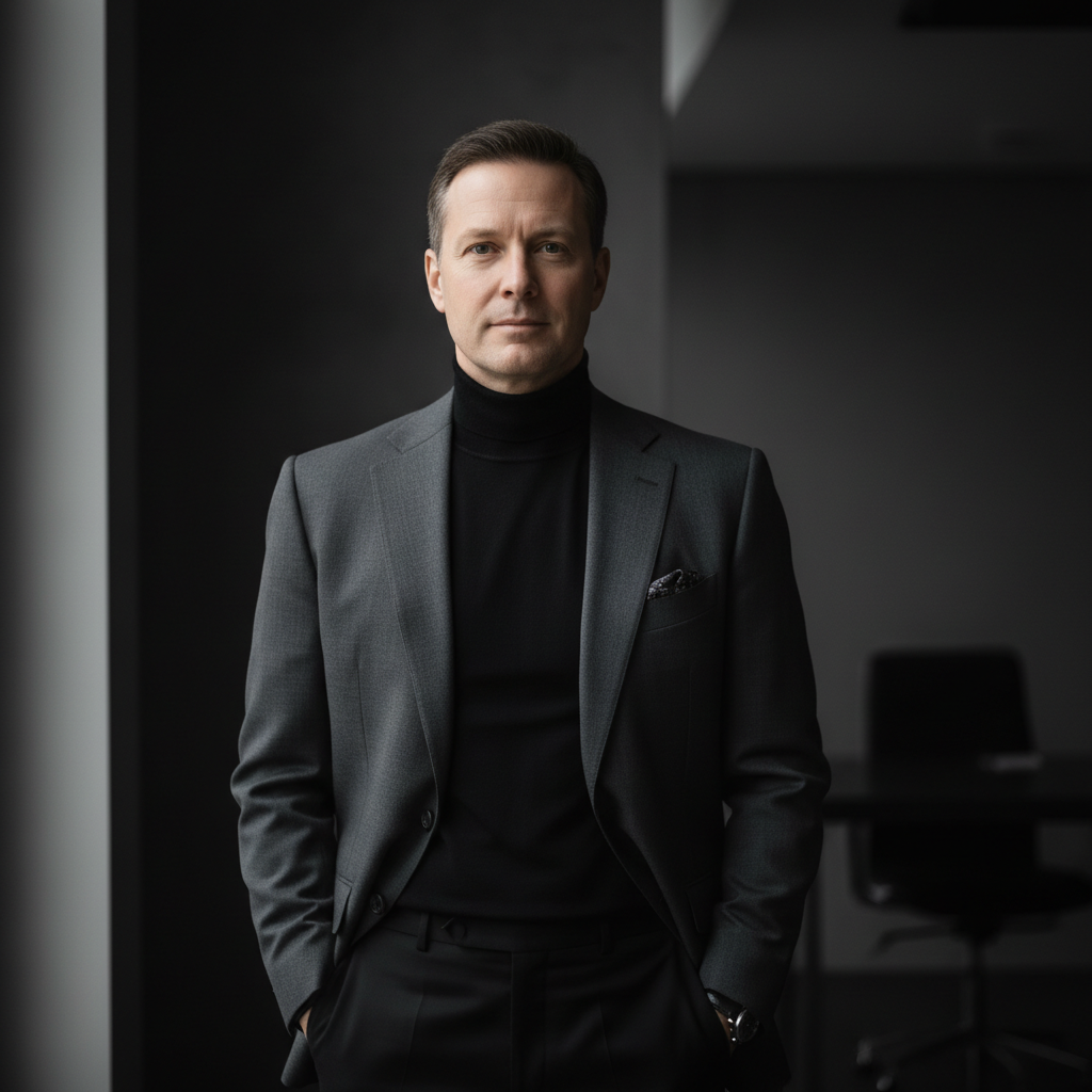 Male executive, shoulders squared, wardrobe blending into dark background so face floats