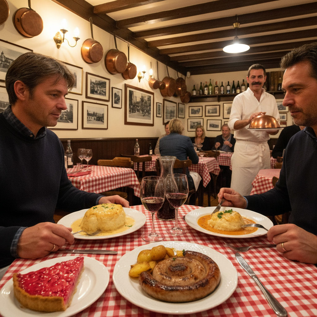 Classic French bouchon restaurant in Lyon with traditional Lyonnaise cuisine on the table