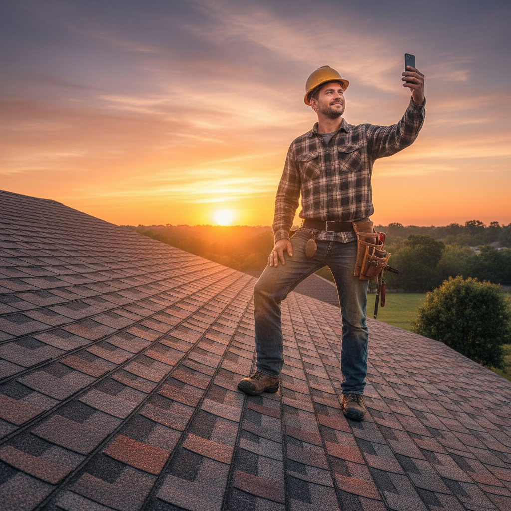 Roofer on the job at sunset taking a selfie against shingles