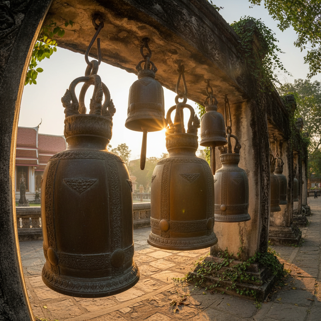 Temple bells hanging from archway with sunlight streaming through