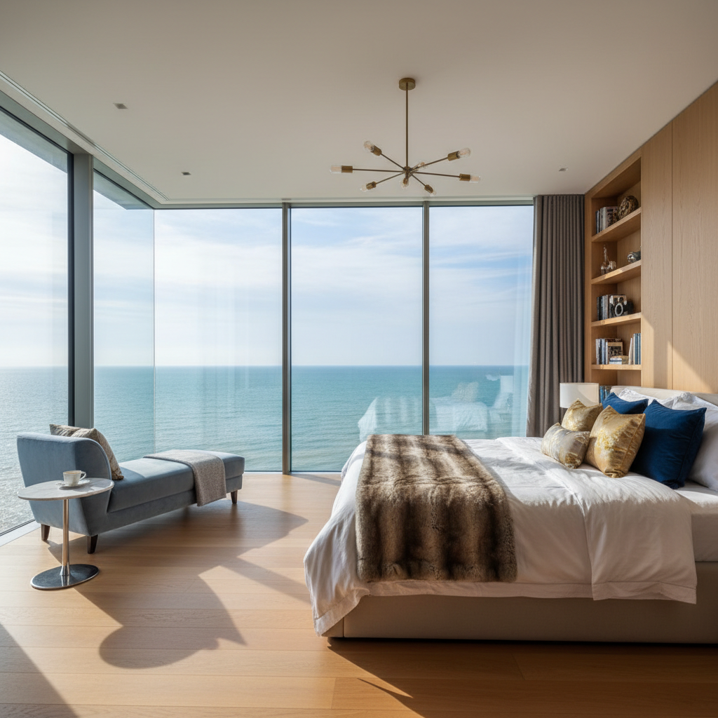 Master bedroom with king bed and panoramic Red Sea window view