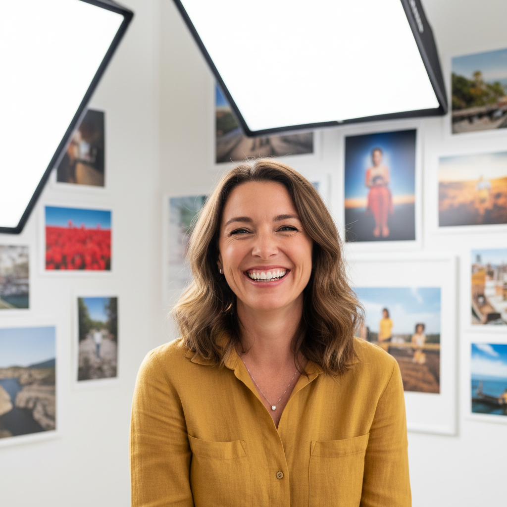 Priya Mehta, portrait studio owner, smiling at camera in bright studio space surrounded by prints