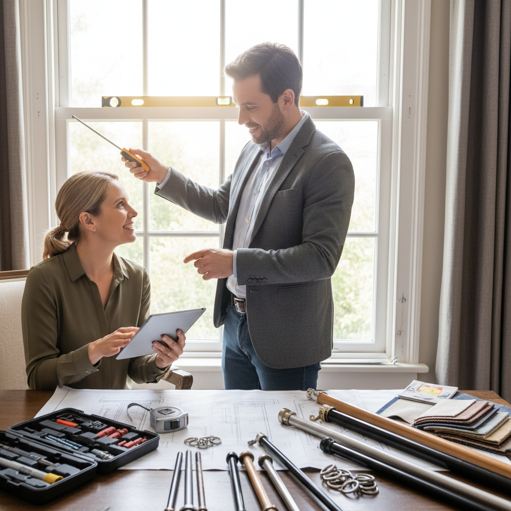 Professional curtain installation consultation displaying measurement tools, mounting hardware, and technical planning for bespoke window treatment installation