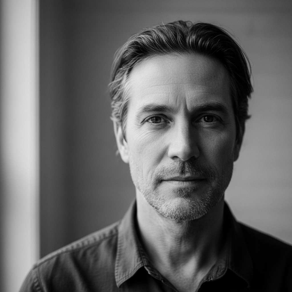 Portrait of a man in his mid-40s with a direct gaze — black and white