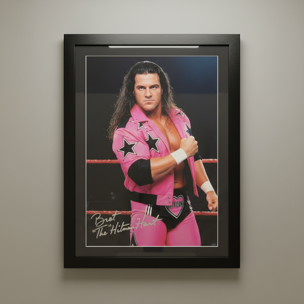 Framed signed 8x10 photo of Bret Hart in pink trunks at SummerSlam 1992, gold border matting