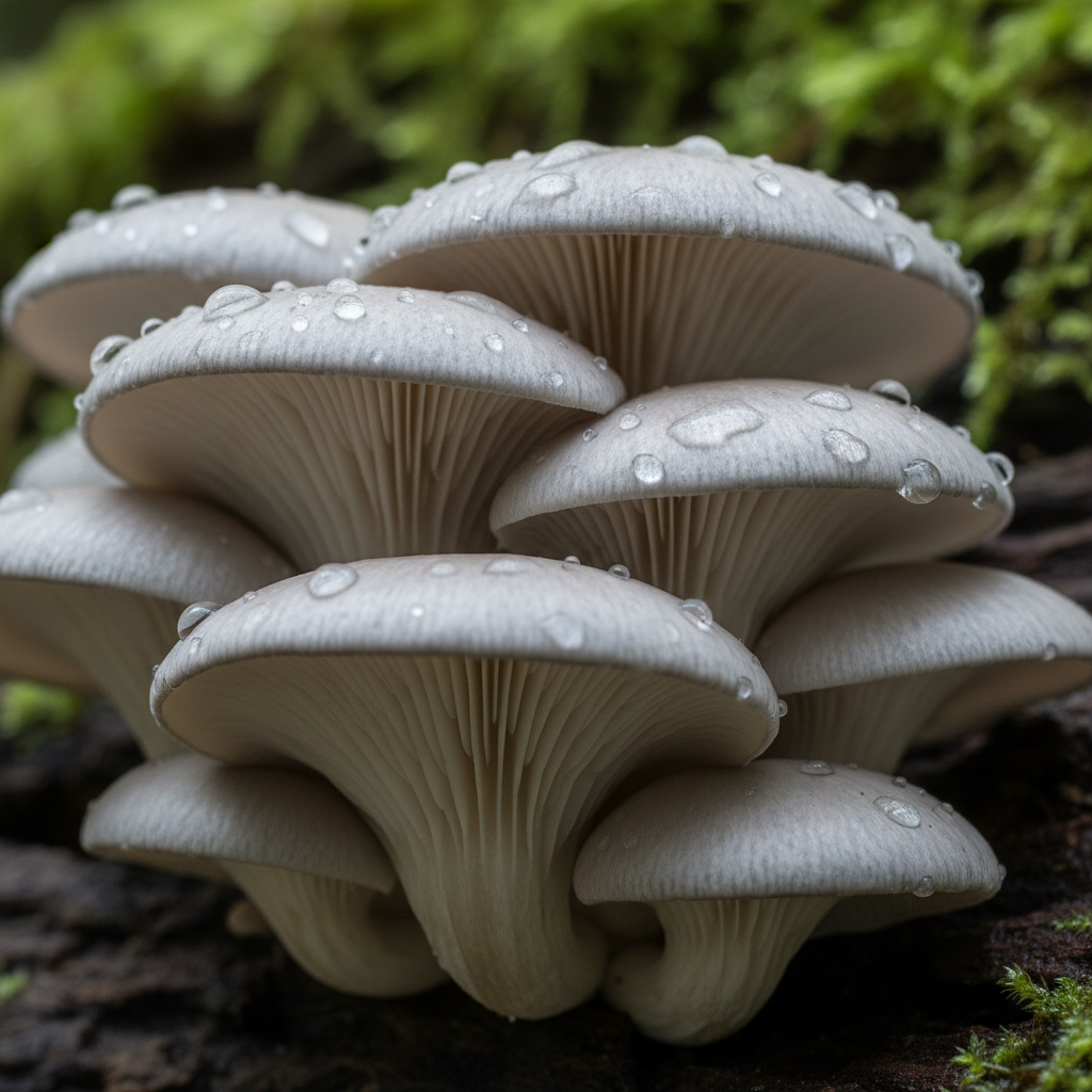 Fresh oyster mushrooms clustered on dark surface, grey-white fan-shaped caps, close-up natural lighting
