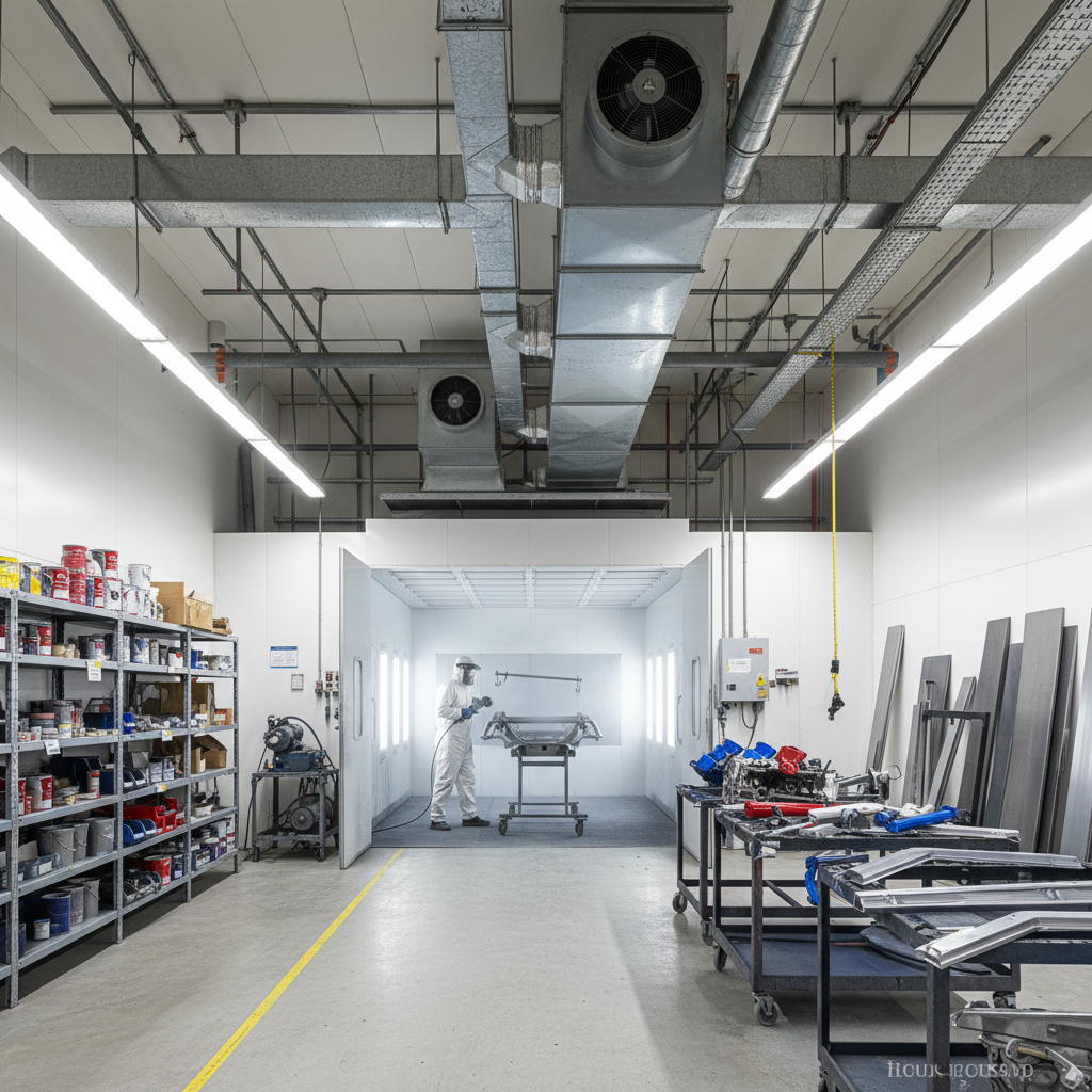 Large truck paint booth for commercial fleet vehicle refinishing