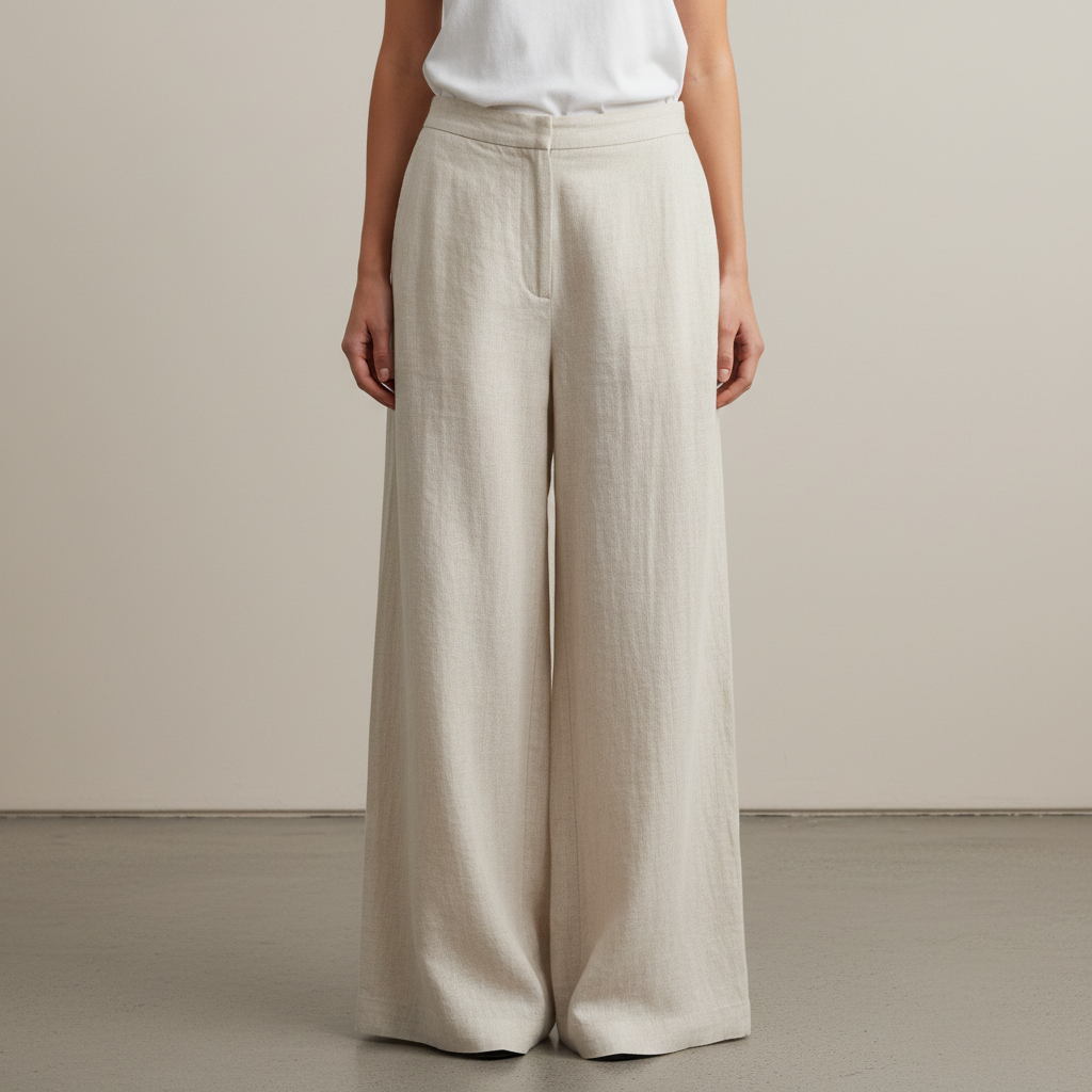 Wide-leg linen trousers in ecru, model in bright studio, airy natural light, minimal setting
