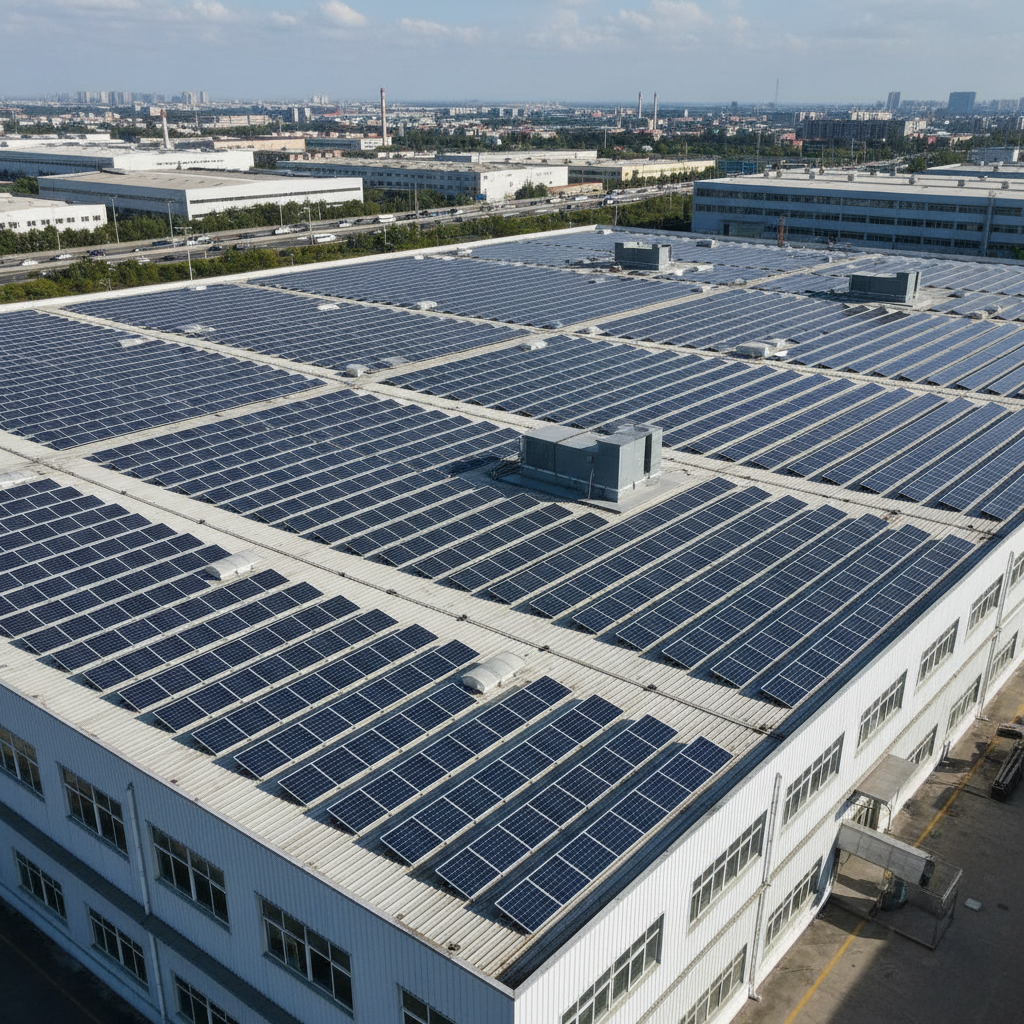 Commercial solar farm installation with rows of panels on open industrial rooftop