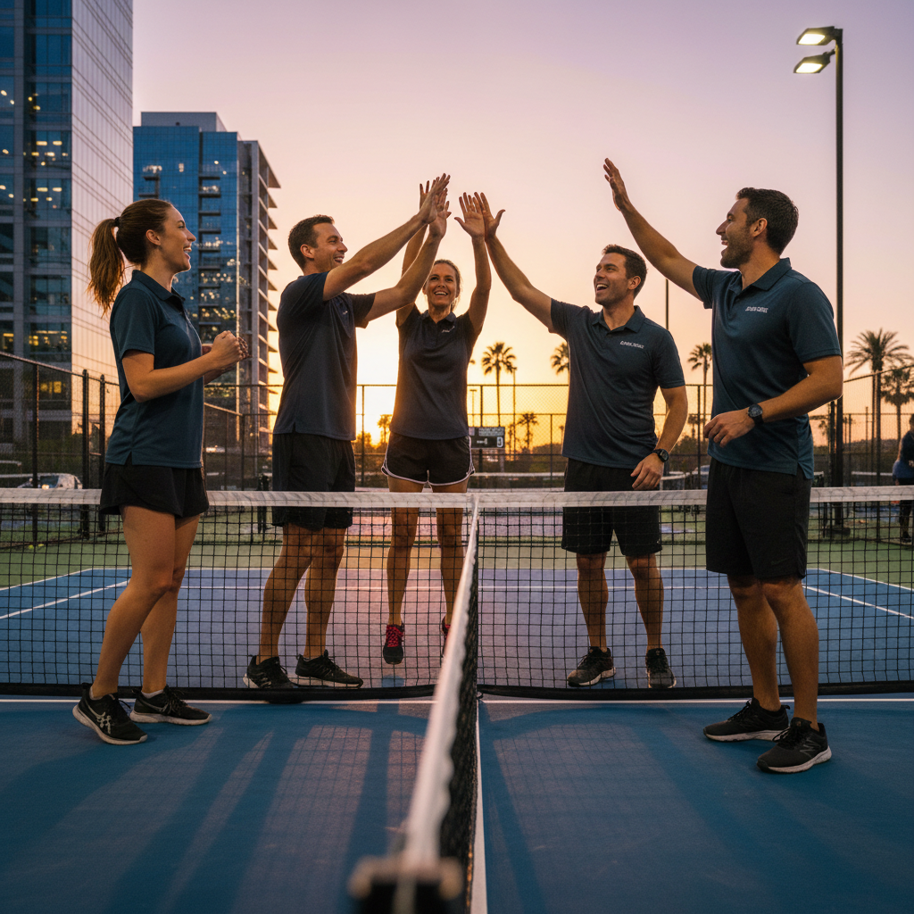 Group of corporate players celebrating on pickleball court, team high-five, casual evening league setting