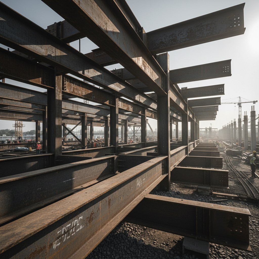 Steel structural beams and I-sections at construction site, dark shadowed industrial atmosphere