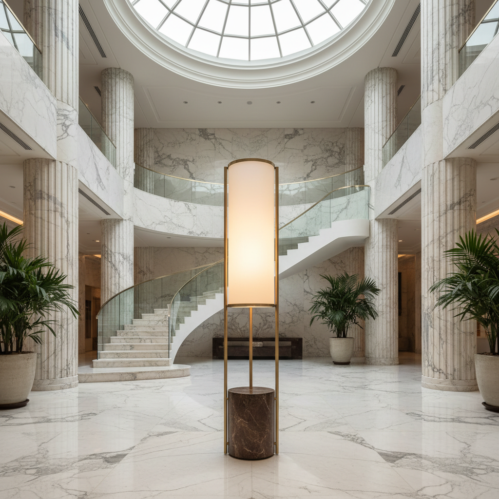 Tall column floor lamp with marble base and brass column in a bright living room with natural light
