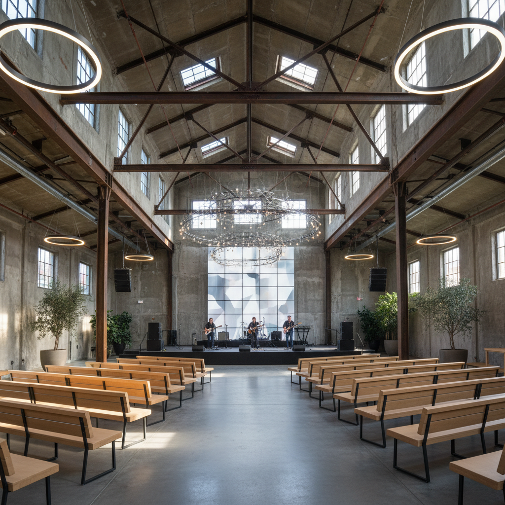 Converted industrial warehouse transformed into a contemporary worship space with exposed structure