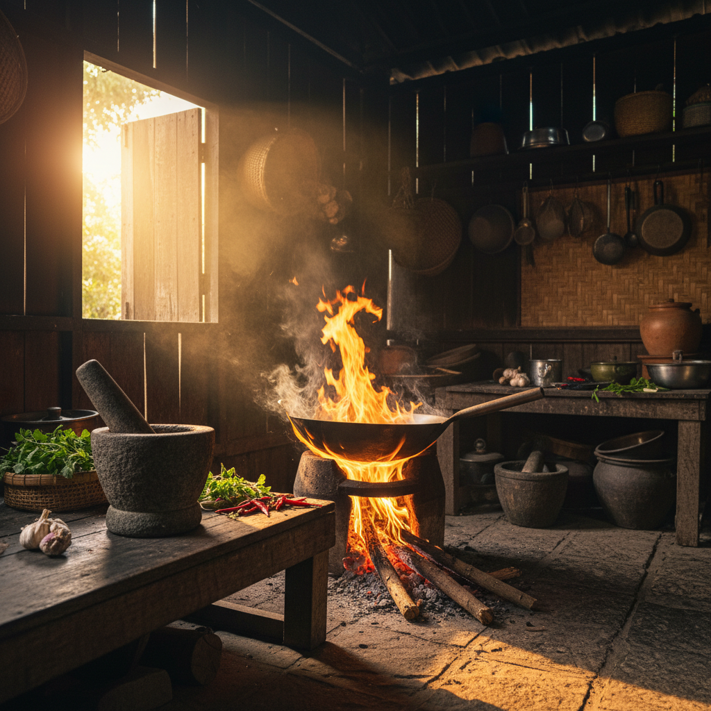 Thai kitchen with wok flames and mortar