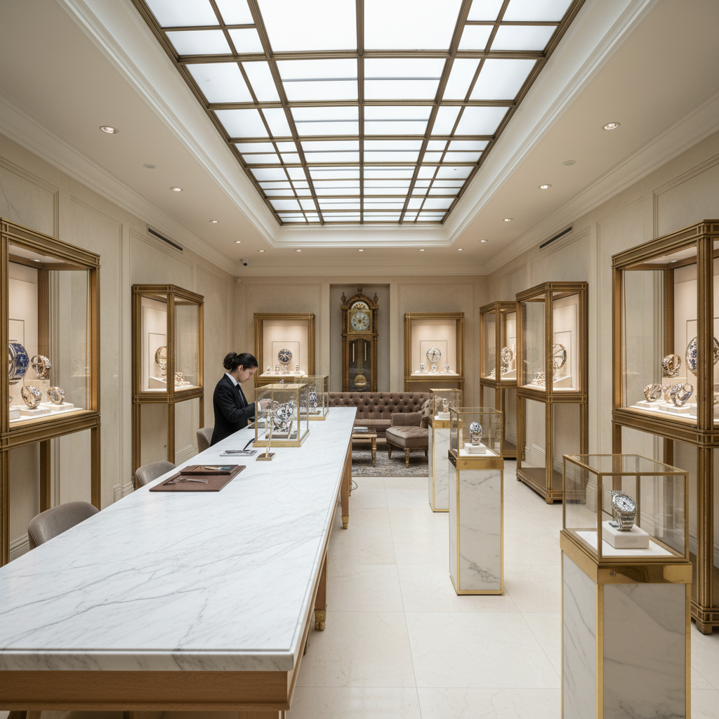 Luxury watch atelier interior, warm golden light, dark wood and velvet display cases, Geneva boutique atmosphere