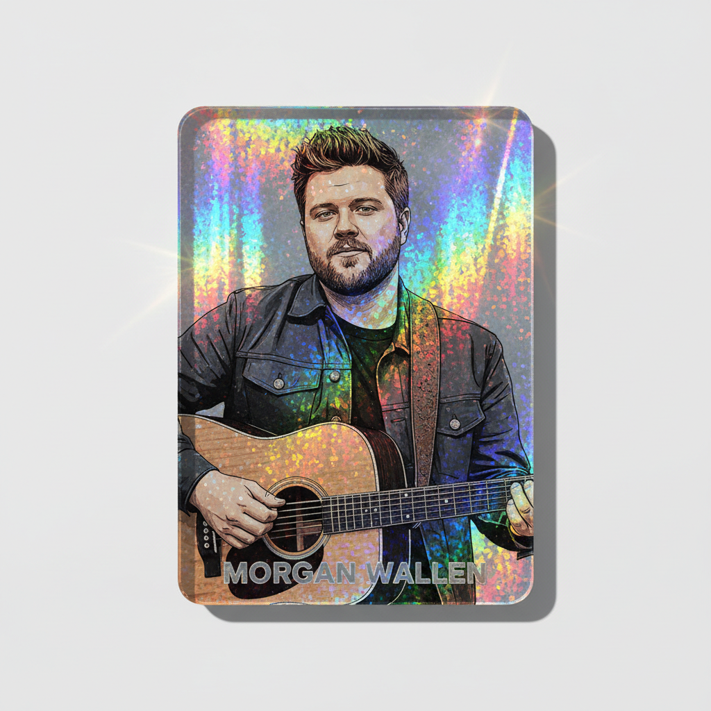 Holographic card with rainbow shimmer and metallic effects