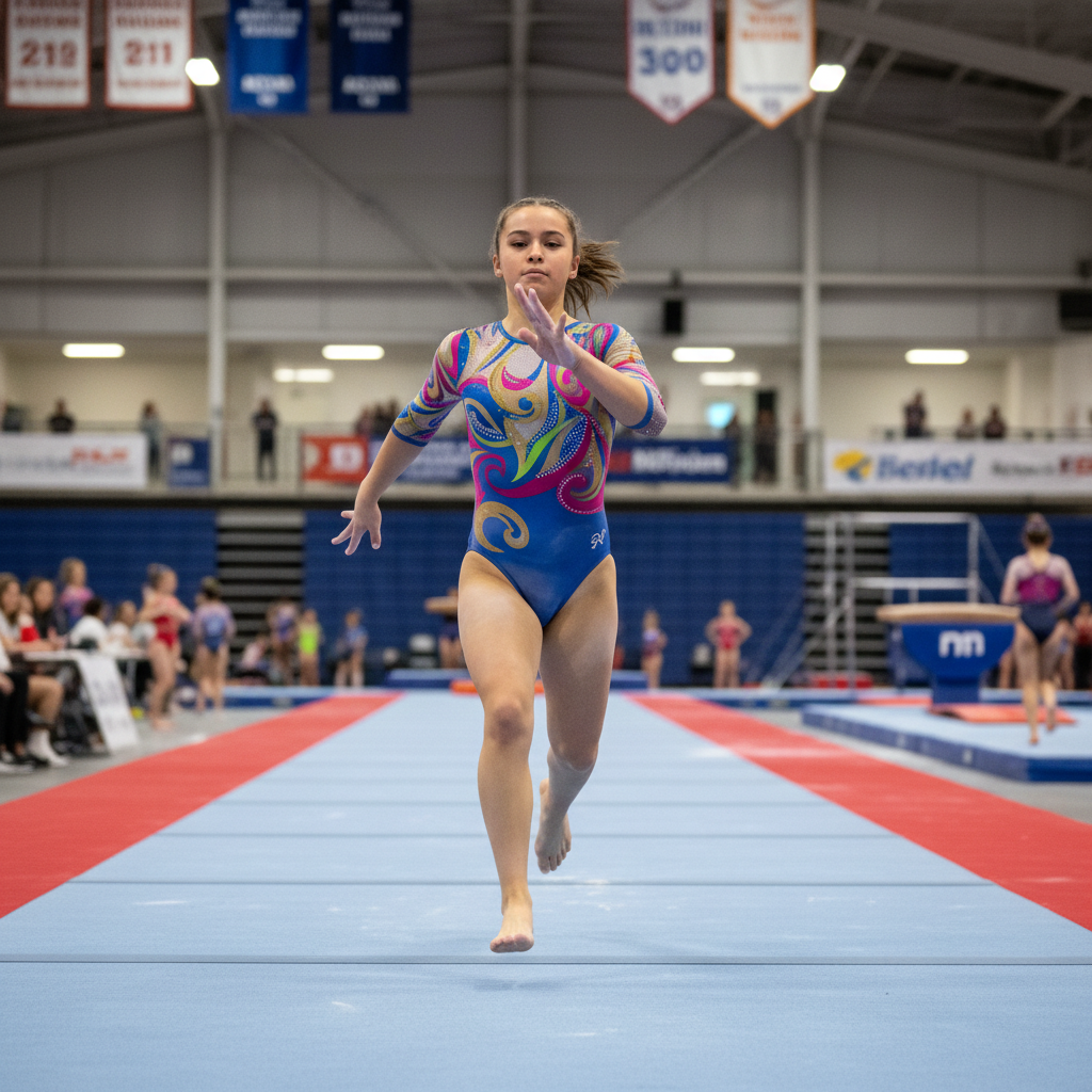 Young gymnast sprinting down vault runway in colorful leotard