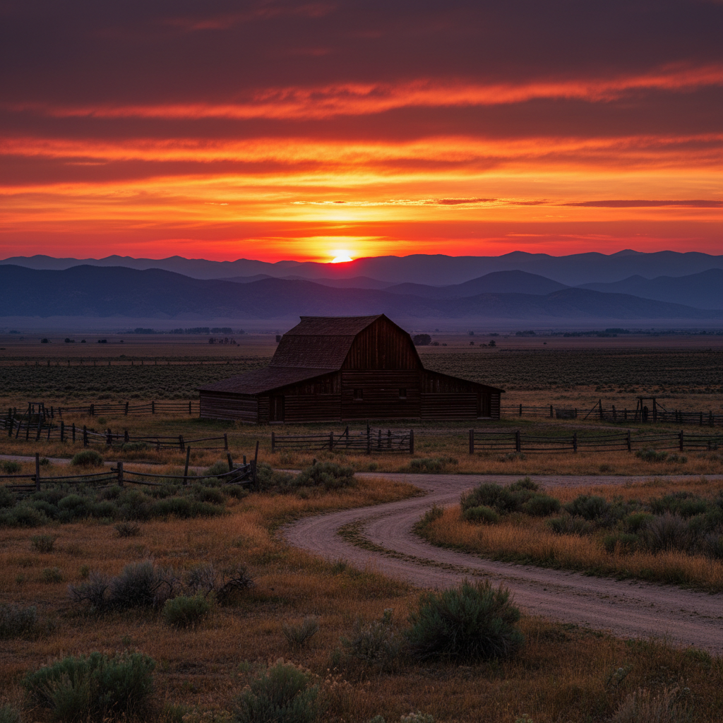 Wide ranch estate with barn silhouetted against sunset sky, mountains receding in layers behind