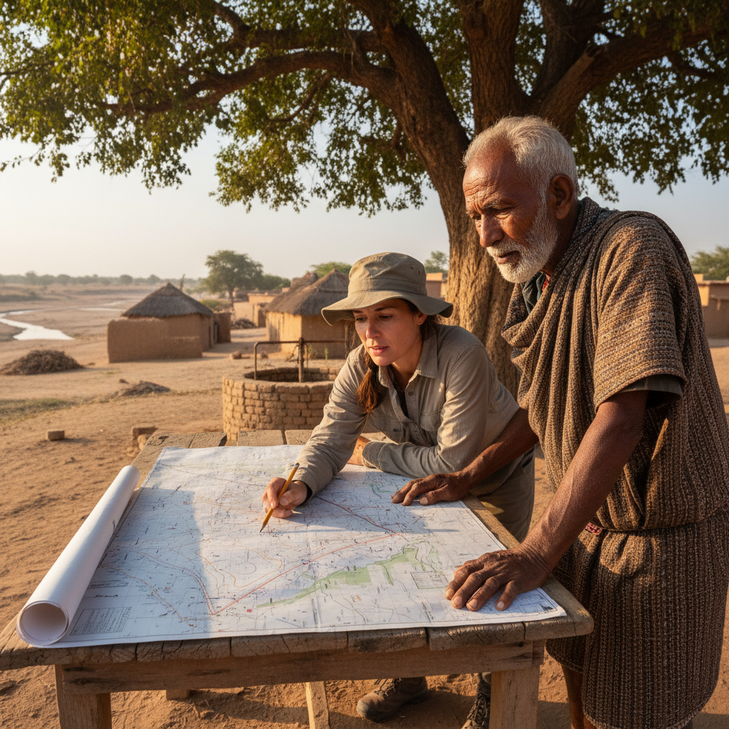 Local hydrogeologist reviewing survey maps beside a village elder in rural Tanzania, morning light