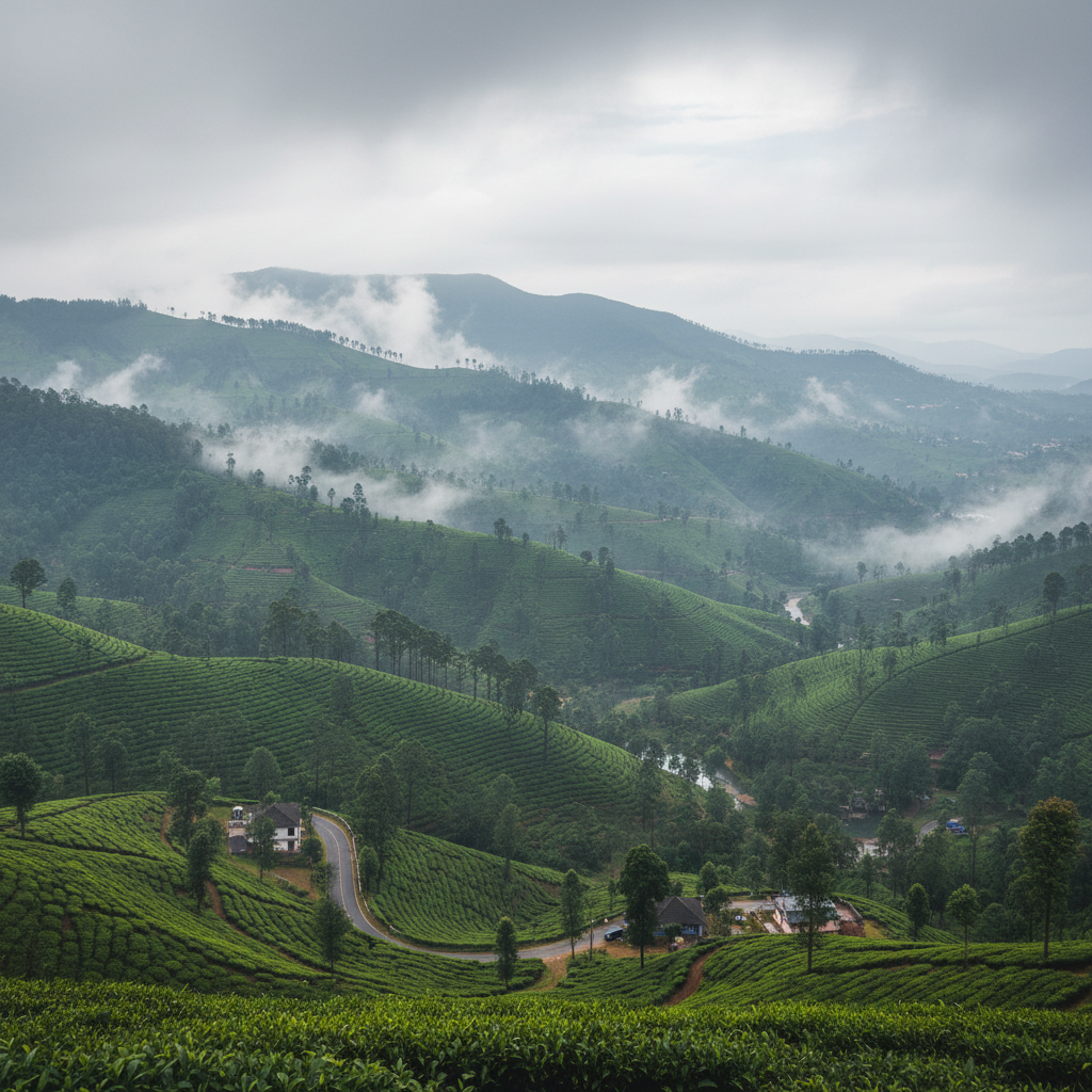 Munnar tea plantation, rows of green tea bushes, misty mountains, Kerala countryside