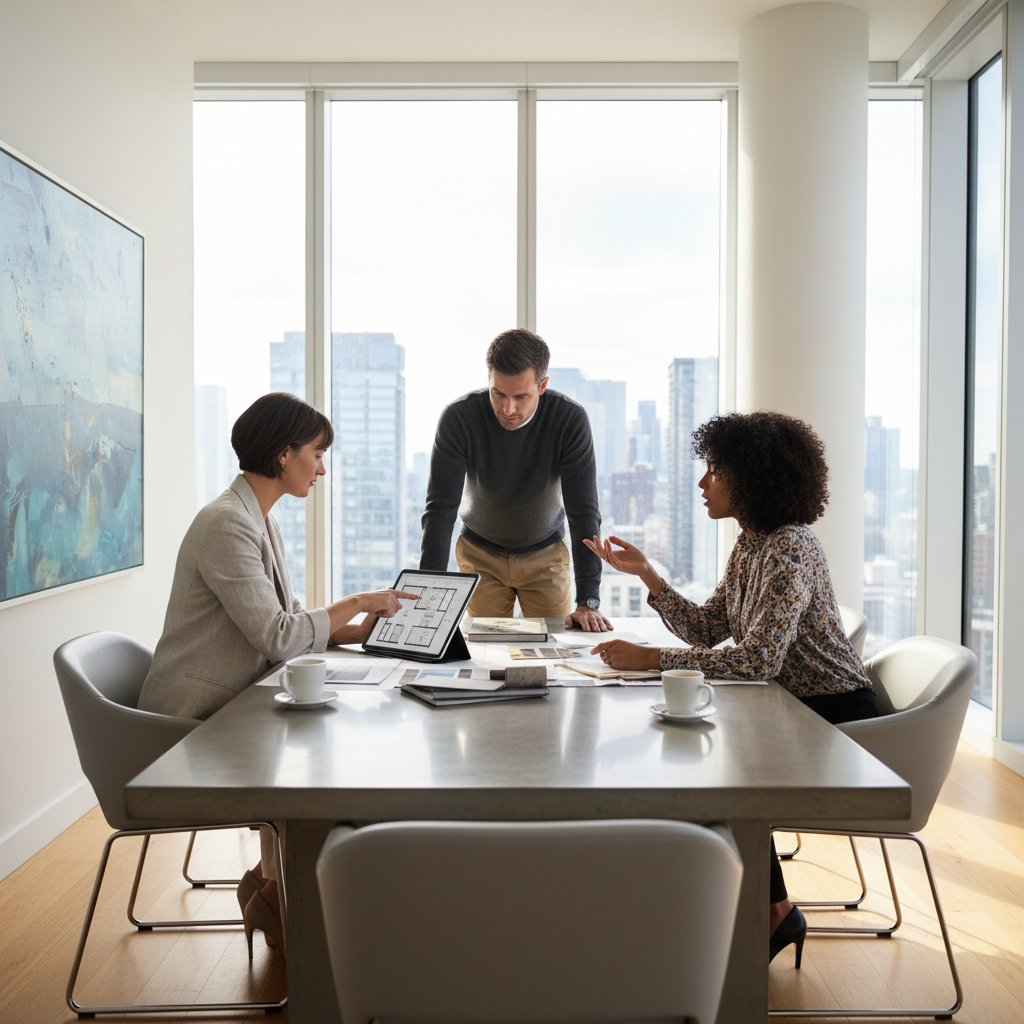Modern office with architectural plans on a bright desk, professional environment