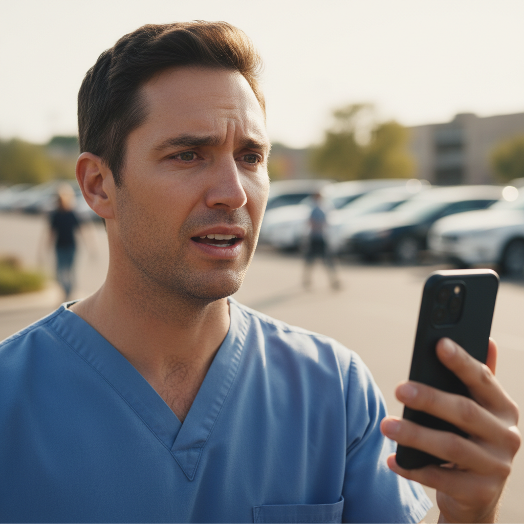 Man speaking into phone camera in parking lot, wearing scrubs, emotional expression