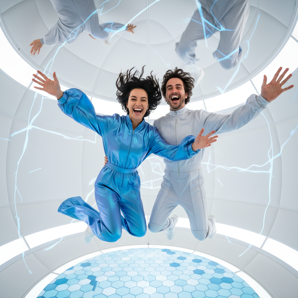 Couple laughing mid-freefall in zero-gravity simulation, arms spread wide