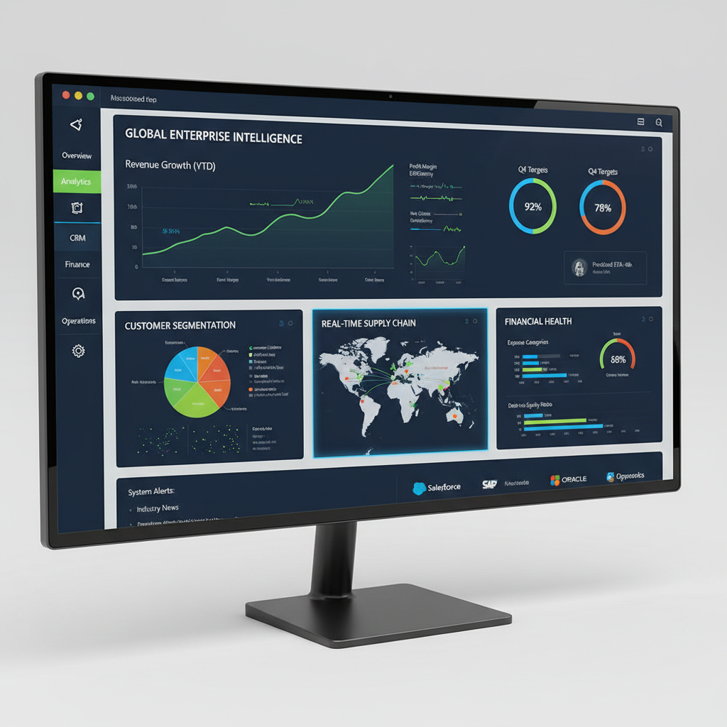 Data visualization dashboard showing colorful charts and graphs on multiple computer monitors