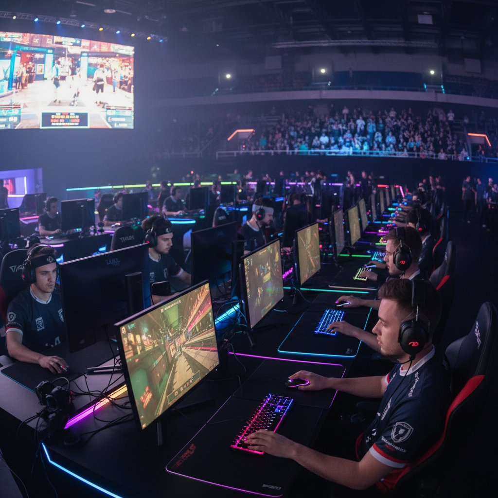Competitive gaming players at a tournament with headsets and keyboards