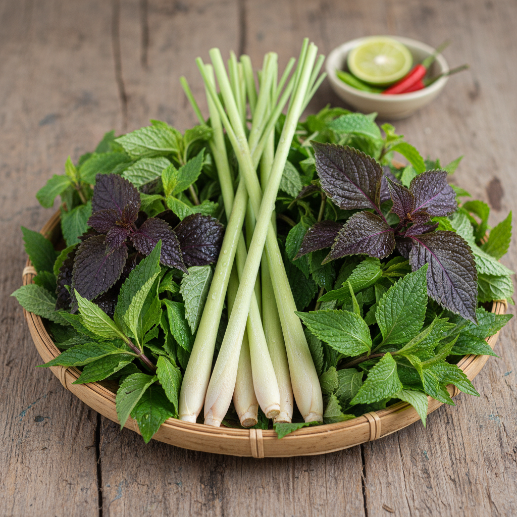 Abundant herb basket with lemongrass, perilla, and Vietnamese mint for the spring menu