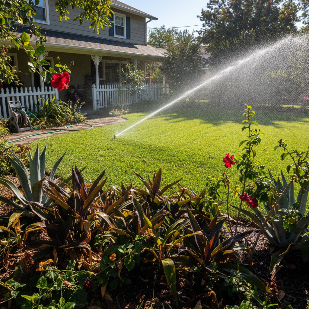 Irrigation system sprinkler heads watering a green lawn in a residential landscape
