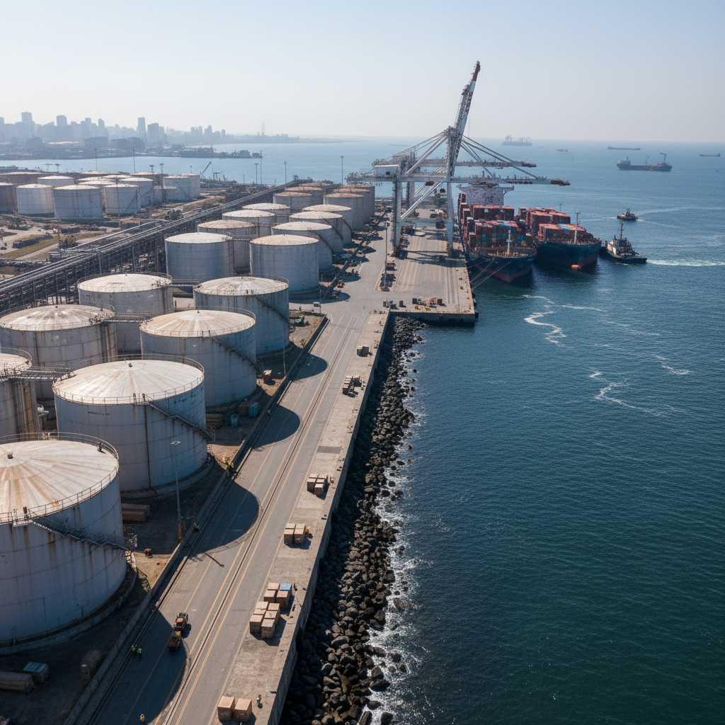 Aerial view of Georgia coastal industrial port and logistics corridor, Savannah area, bright daylight
