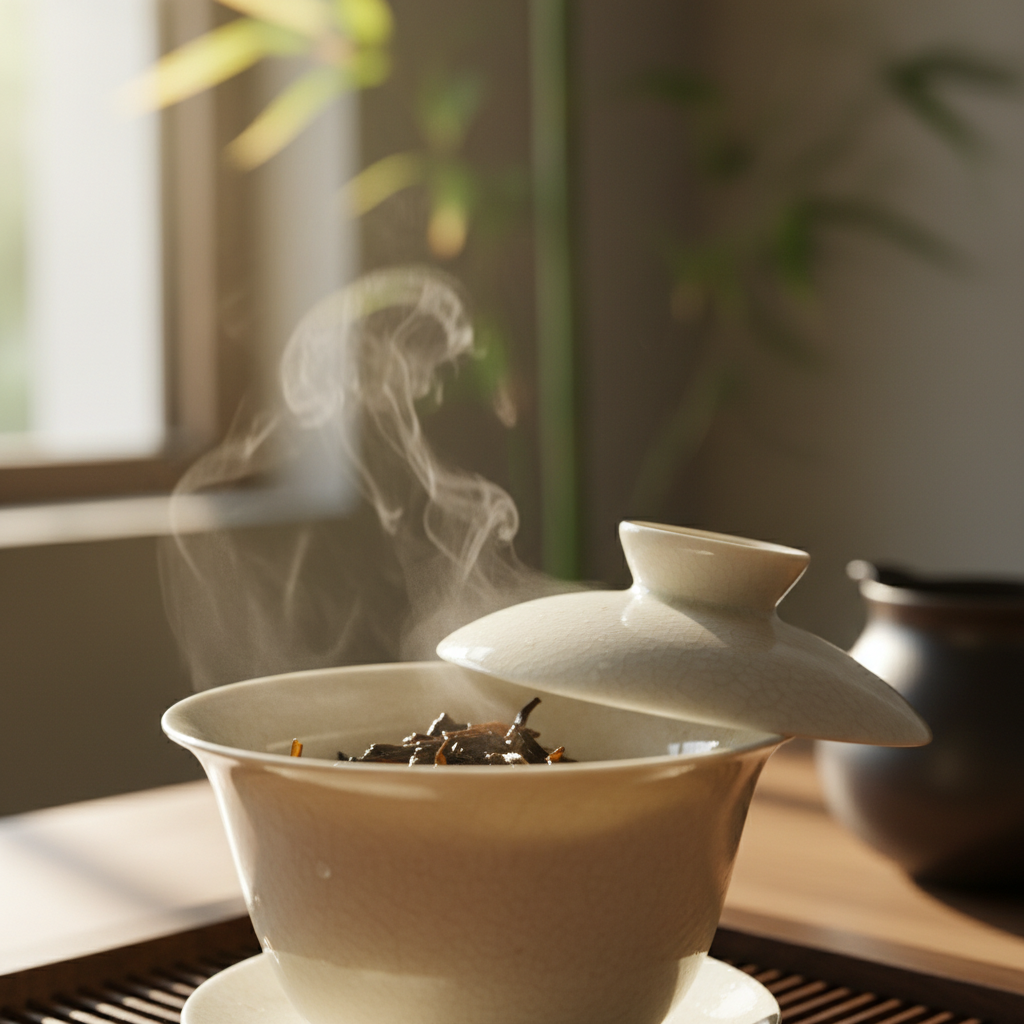 Steam rising in a soft shaft of window light above a pale ceramic gaiwan