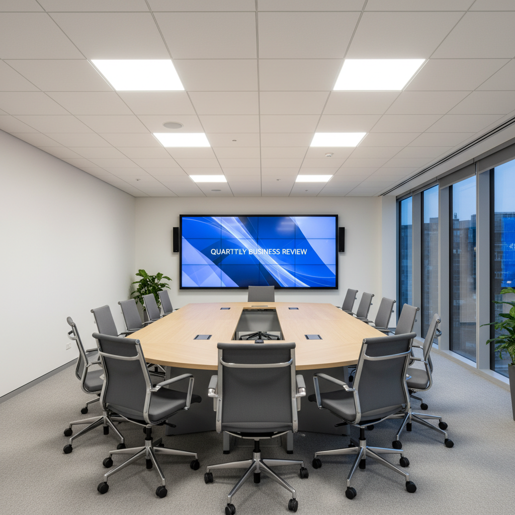 Modern conference room with audio visual equipment and presentation screen, bright well-lit professional meeting space