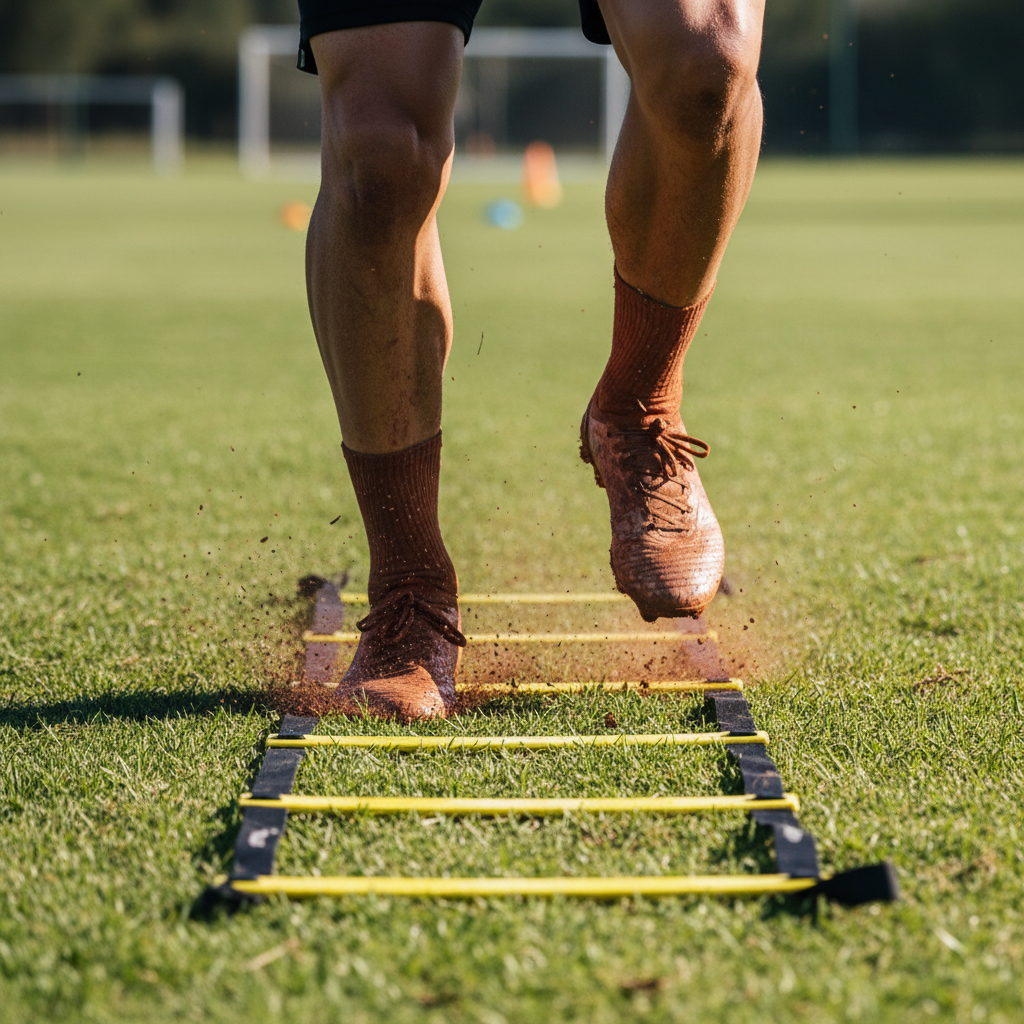 Player performing agility ladder drills with boots caked in red dirt on a training pitch