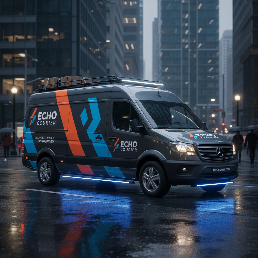 Professionally branded commercial vehicle driving in urban environment, bold company graphics clearly visible