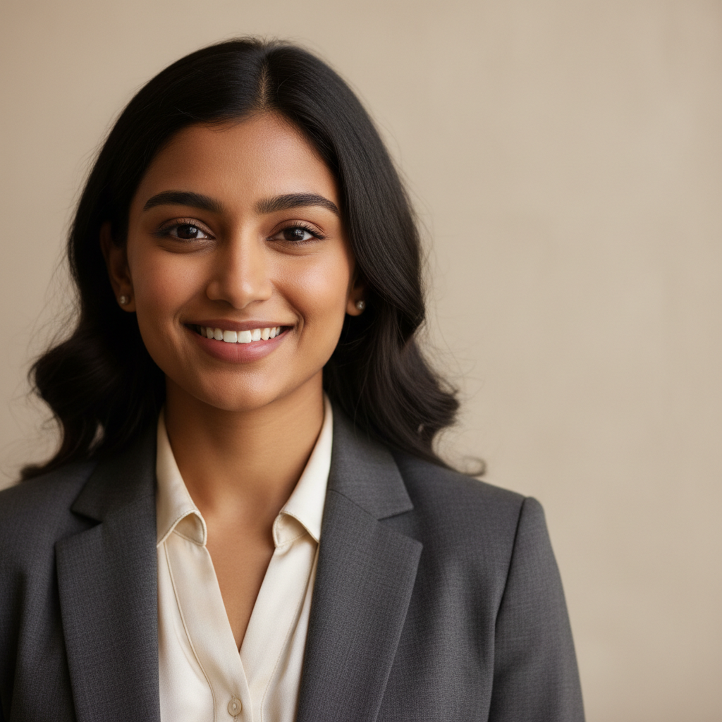 South Asian professional woman smiling, bright modern office background