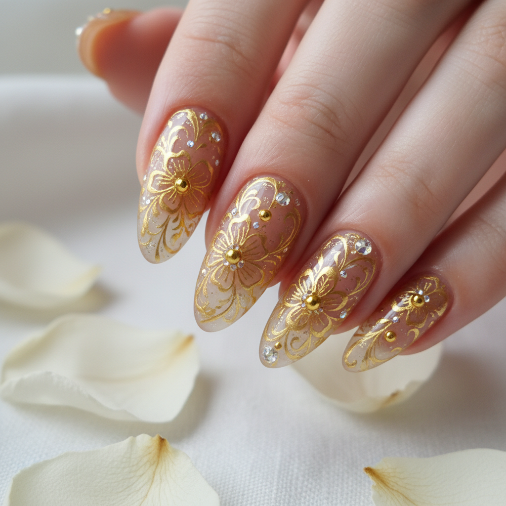 Detailed nail art with rose gold foil and intricate floral patterns