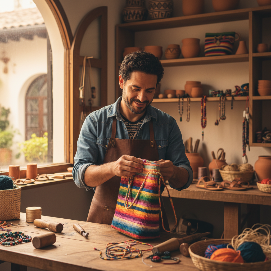 Emprendedor colombiano trabajando en su pequeño negocio con productos artesanales