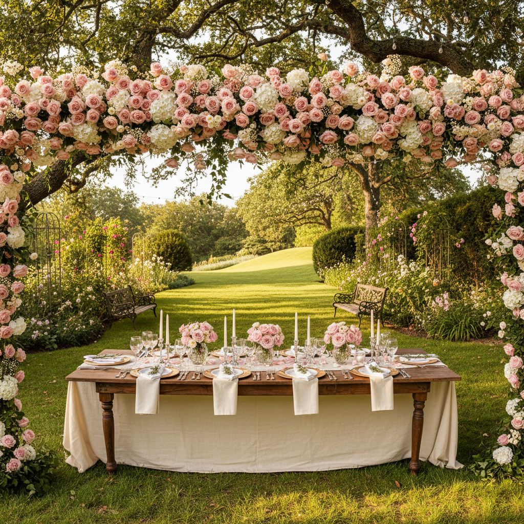 Floral garden party with fresh pink and white flowers and botanical decorations in bright airy light