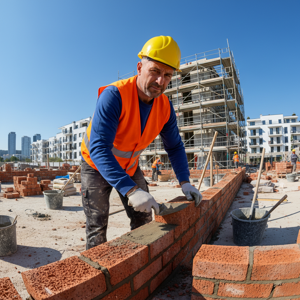Bricklayer at work on a bright construction site, professional masonry work
