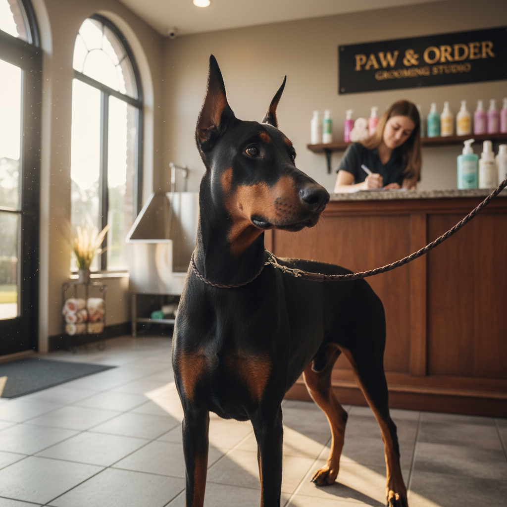 Doberman on leash arriving at grooming studio, owner signing intake form, morning light through studio windows