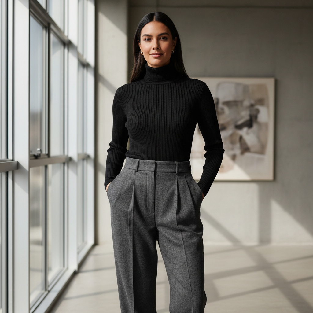 Woman in the ivory silk bow-collar blouse tucked into high-waist trousers, shot in warm window light