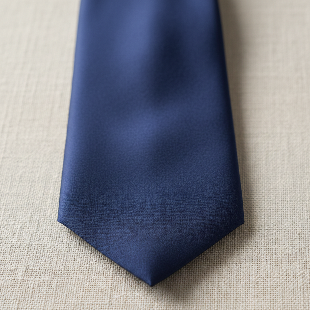 Close-up of hand-rolled edge on navy silk necktie with subtle sheen