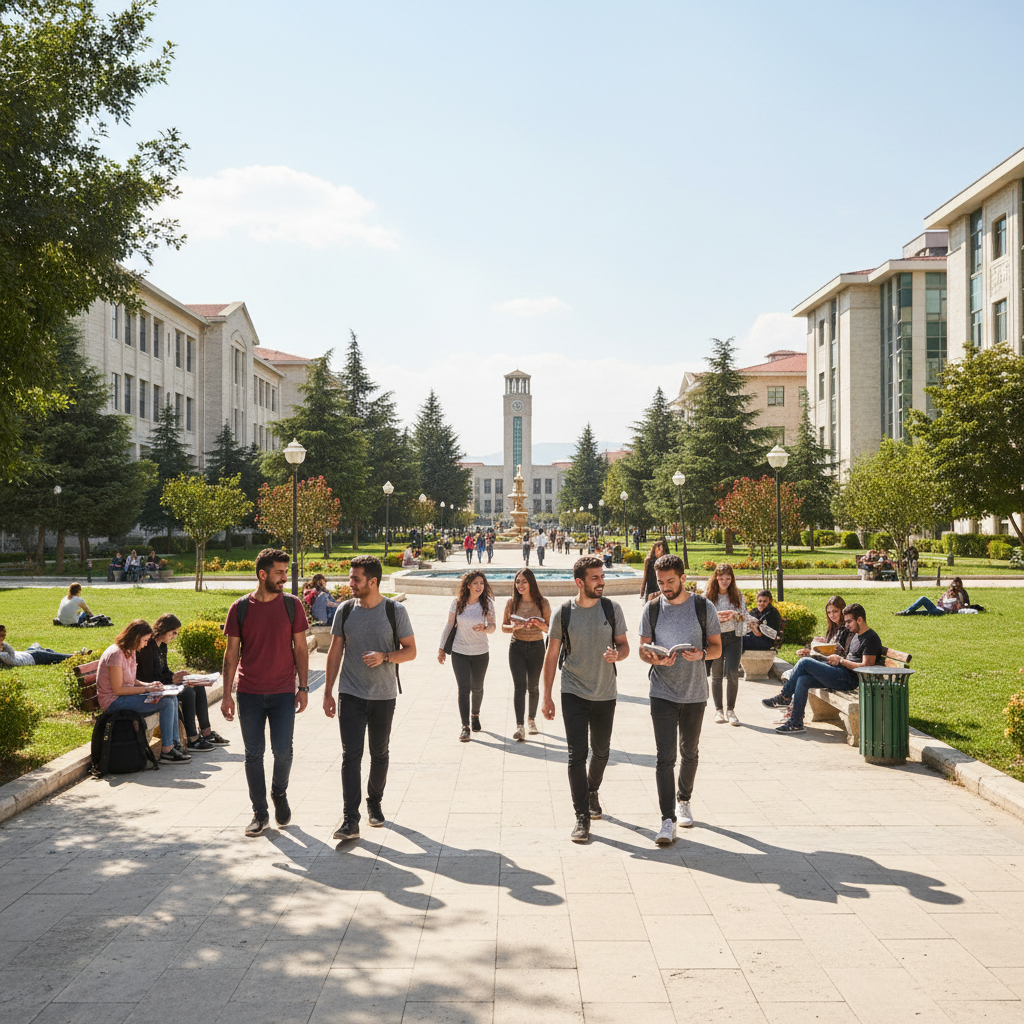 Students walking on a sunlit university campus path lined with trees