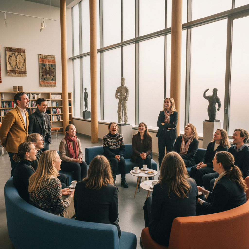 Diverse group of people sharing stories in a warmly lit community space