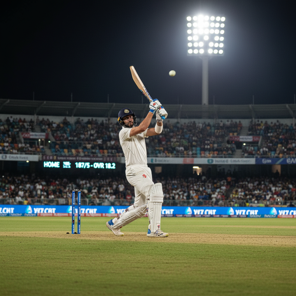 Cricket batsman hitting a shot during a T20 match in a floodlit stadium with colorful crowd in the stands