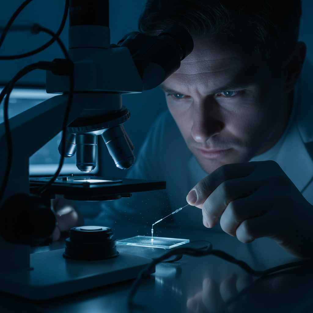 Fiber optic cables glowing blue in dark laboratory, dim atmospheric lighting, deep shadows, low-key industrial setting