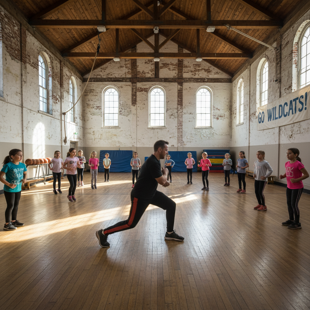 PE teacher leading a warm-up drill in a rural school gymnasium