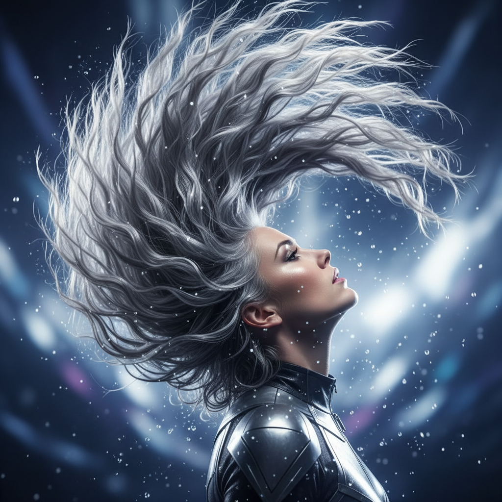 Dramatic slow-motion hair flip revealing final transformation with studio lighting catching silver tones